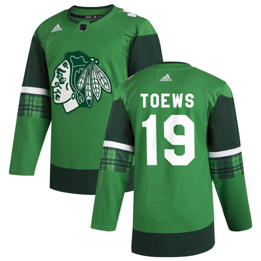 Chicago Blackhawks #19 Jonathan Toews Men Adidas 2020 St. Patrick Day Stitched NHL Jersey Green